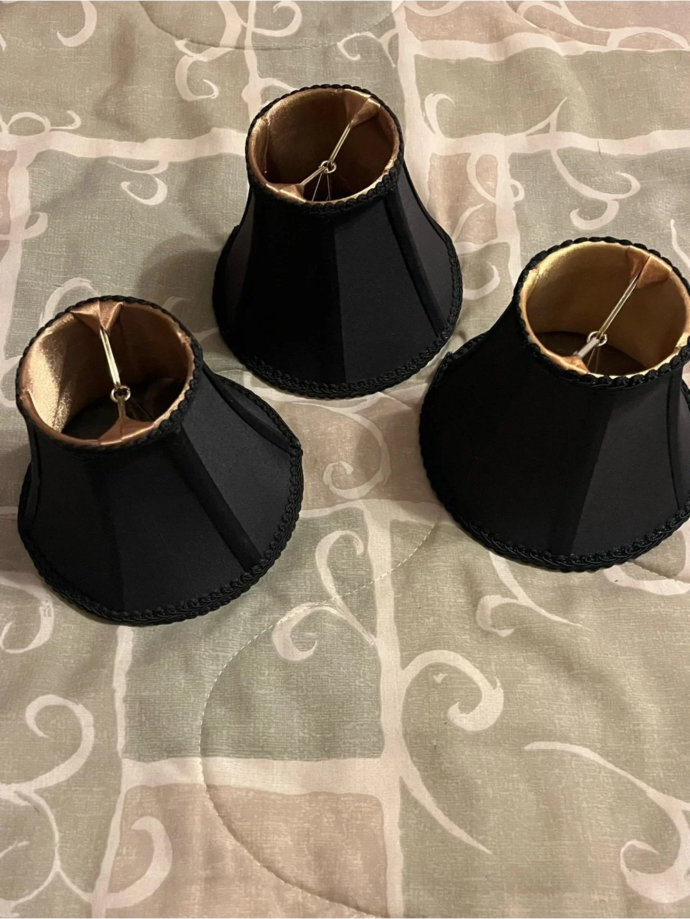 Set of 3 Clip-On Empire Lamp Shades Black/Gold Lined Fabric Metal 6in
